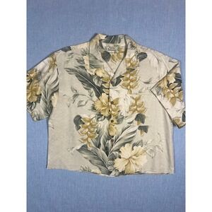 #A012 Tommy Bahama Mens Medium 100% Silk Camp Shirt Cream Gold Tropical Floral